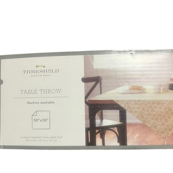 Threshold Table Throw In Beige Medallion Print 50 x 50” with White Tassels - Picture 3 of 3